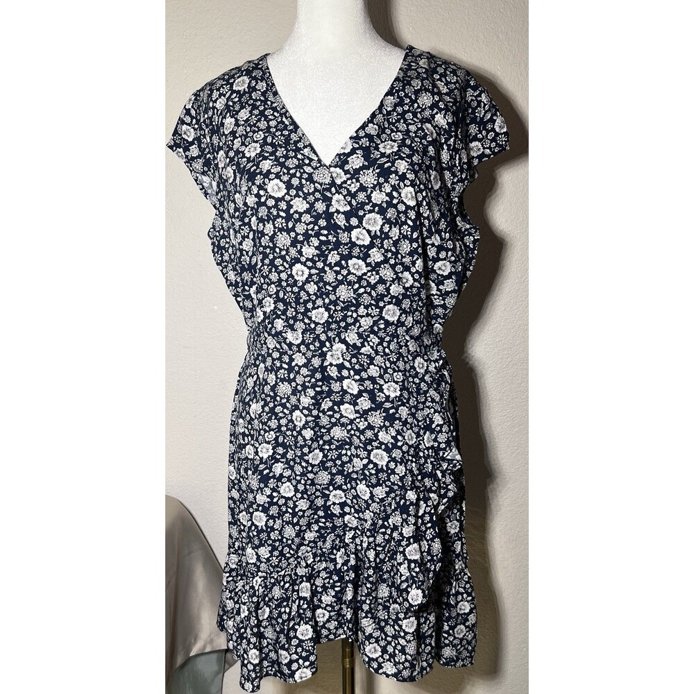 J Crew Mercantile Wrap Dress Womens Size 8 Dark Blue Floral V-Neck Cottage Boho
